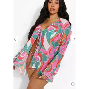 Boohoo Plus Pink and Green Tie Front Blouse
